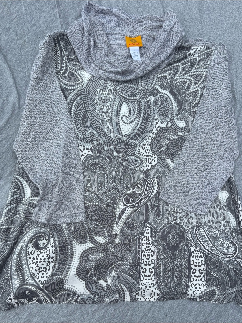 Ruby Rd. Heather Gray Paisley Cowl Neck Sweater